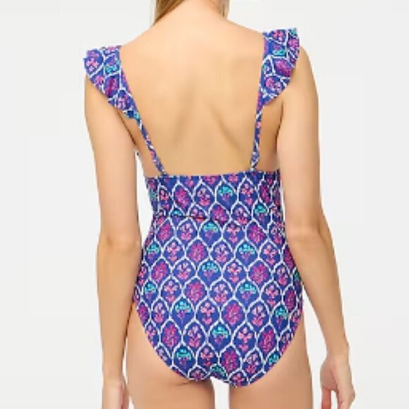 J. Crew Floral Ruffle-Shoulder One-Piece Swimsuit Small Medium Bathing Suit NWT - Picture 2 of 9